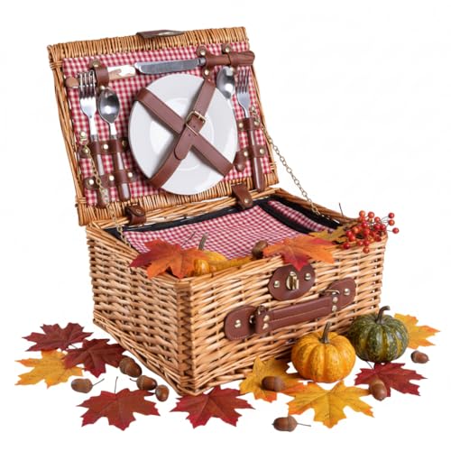 eGenuss Picknickkorb für 2 Personen aus Weide mit Kühlfach – Picknick Set mit Besteck, Porzellanteller & Weingläser – Handgefertigt – Geschenkidee für Hochzeit, Camping & Ausflug – Rot