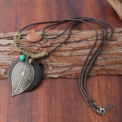 color cosplayer Leather Cord Necklace Vintage Style Wooden Leaf Boho Statement Long Necklace for Women Handmade Jewelry4