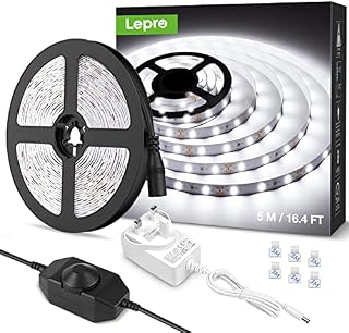 Lepro LED Strip Light White 5M 300 LEDs, 1650lm Dimmable Strip Lights for Kitchen, Cool White 6000K Daylight LED Strip for Under Units Cabinet Cupboards (12V Power Plug and Dimmer Switch Included)