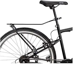 Bagageiro com hastes articuláveis que se adaptam a diversos modelos e aros de bicicletas, com fixação permanente no canote.