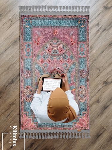 Alfombra de oracion turca tradicional con diseno floral rosa y borlas grises elegantes 6
