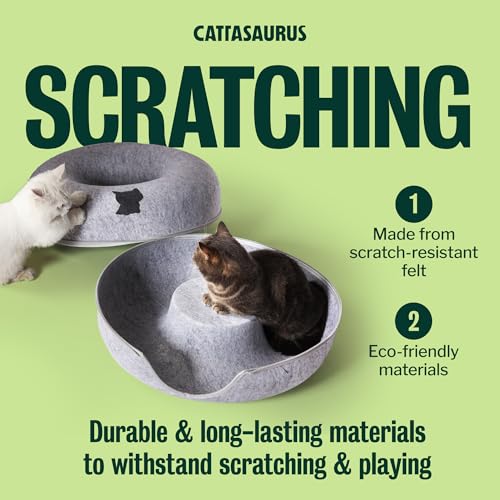 Image of Cattasaurus Peekaboo Cat Cave Donut for Multiple & Large Cats up to 30-45 lbs, 3-in-1 Self Warming Cat Bed, Tunnel & Scratcher for Indoor Cats, Washable & Detachable (Light Gray + Light Gray, Large)