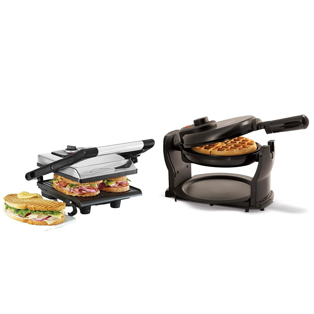 BELLAPanini Press Electric Grill with Double Nonstick Plates, Height Adjustable Lid and Classic Rotating Belgian Waffle Maker with Nonstick Plates