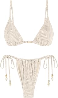 Women's Bikini Sets Ribbed Beaded Adjustable Spaghetti Strap Swimsuit Tie Side Thong Sexy 2 Piece Bathing Suit