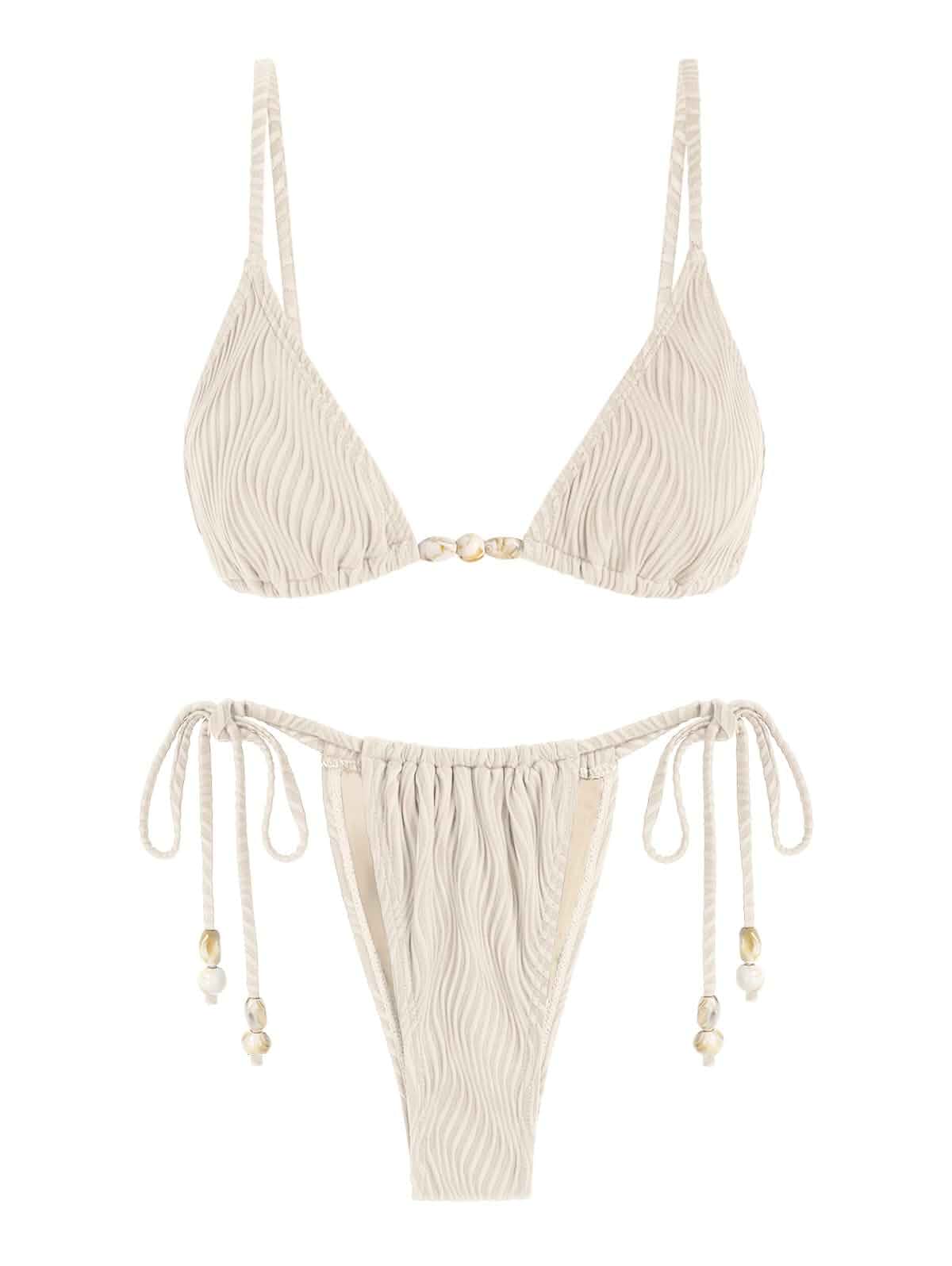 seamoly Women Ribbed Bikini Set Beaded Adjustable 2 Piece Bathing Suit Spaghetti Straps, Soft Removable Cup, Modest Bathing Suit, String Side Tie Bottom, Classic Coverage, Beach Holiday