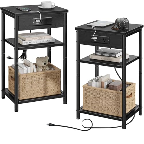Image of Rolanstar End Table with Charging Station, Night Stand with 3 Storage Shelves, Narrow Side Table with USB Ports & Power Outlets, Small Bedside Table for Living Room, Bedroom (2, Black)
