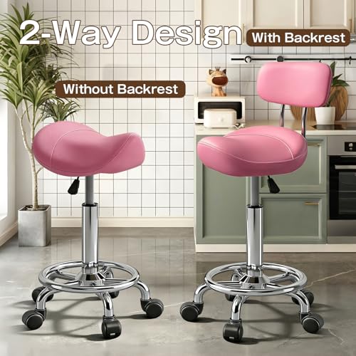 Image of Saddle Stool Adjustable Height Ergonomic Swivel Chair | PU Leather Saddle Seat without Back and Ring Pedal for Salon, Spa, Medical, Massage & Drafting Use Pink