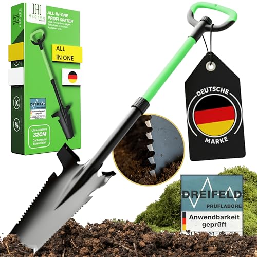 Heckenpracht® Profi Spaten mit Wurzelsäge | Wurzelspaten mit Sägefunktion | Perfekt für Harte Böden | Ergonomischer Griff & extra breite Trittkante | Gärtnerspaten mit Ultra stabilem Spatenblatt