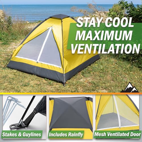 2 Person Camping Tent with Rain Fly and Carrying Bag - Lightweight Outdoor Tent for Backpacking, Hiking, or Beach Use by Wakeman Outdoors (Yellow) by Wakeman - Image 4