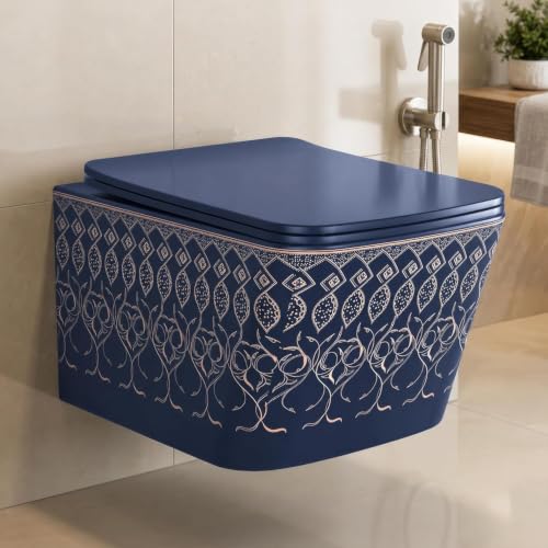 Image of Plantex Commode for Toilet /Ceramic Rimless Washdown Western Toilet /P Trap Commode with Soft Closing Toilet Seat Cover - (LAS04, Blue)