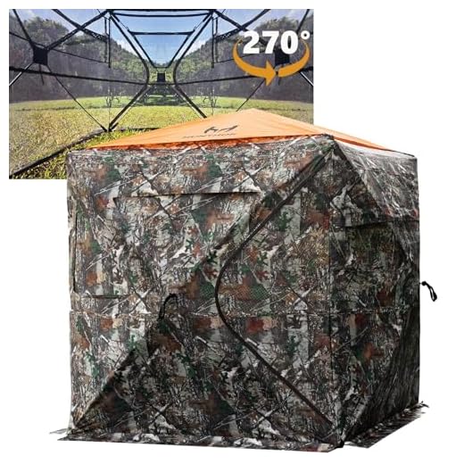 Hunthor Hunting Blind, See Through Hunting Ground Blinds with Silent Zipper and Orange Top, Portable 2-3 Person Pop Up Hunting Tent 270 Degree for Deer and Turkey Hunting with Carry Bag