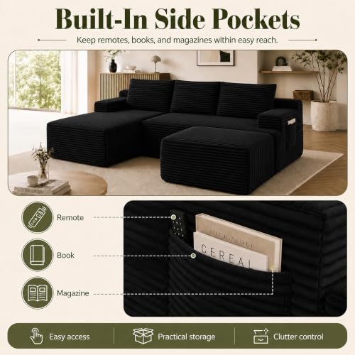 Image of Boneless Couch, Modular Sectional Couches for Living Room, U-Shaped Cloud Couch Sofa with Deep Seat, Fluffy Corduroy Upholstered Corner Sofa(96 inch Black Left,U Shaped)