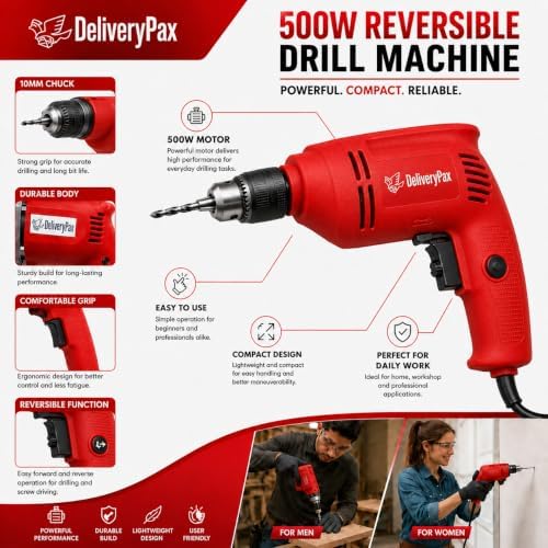 Image of Delivery Pax 500W Electric Drill for Wall Drilling | Reversible Corded Power Drill for Home Use | Concrete, Wood & Metal Drilling