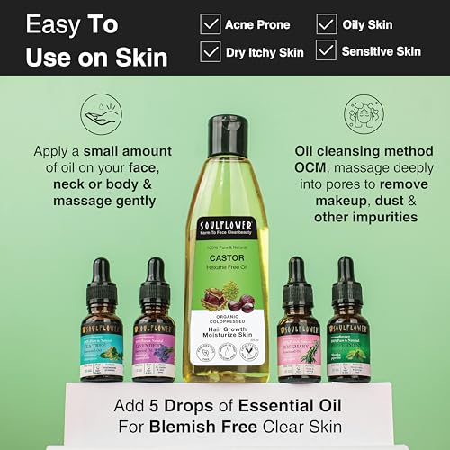 Image of Soulflower Organic Castor Oil for Hair Growth & Hair Fall Control | Cold-Pressed for Skin, Scalp, Beard, Lashes | Natural Moisturizer, Anti-Dandruff | 100% Pure, Ecocert Organic Certified | 225ml x 2