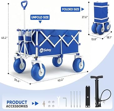 Sekey Heavy Duty Beach Wagon with 9 Big Sand-Proof Wheels and Beach Shade Sun Shelter UPF 50+ 10x10 FT Portable Beach Canopy with Windproof Rope & Stability Poles
