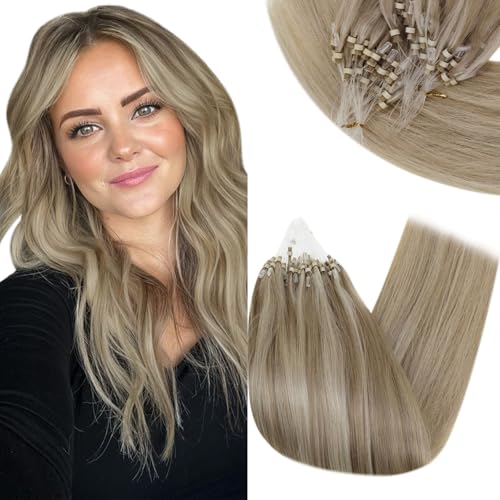 RUNATURE Micro Beads Hair Extensions Real Human Hair Blonde Micro Loop Hair Extensions Human Hair 20 Inch Ash Brown Highlight Platinum Blonde 50g 50s #p8/60