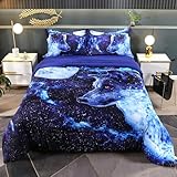 Wowelife Wolf Bedding Set for Boys and Girls Twin, Premium 3D Wolf Comforter Set Blue Moon Night Theme, Comfortable and Breathable for Children