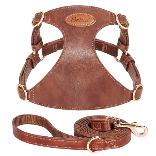 Beirui ‌Stylish PU Leather Dog Harness‌ and Leash Set for Small Dogs, ‌Adjustable Step in Puppy Harness with Breathable Mesh Lining and Durable Metal Buckle for Walking Traveling(Brown,XS)