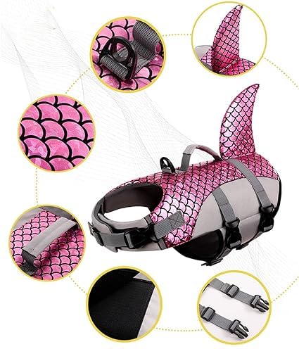 Olpad Dog Life Jacket Adjustable Dog Life Vest Safety Lifesaver Puppy Life Preserver Superior Buoyancy Swimming Boating Rescue Handle Shark Design for Small Medium Large Dogs(Pink,s) 1