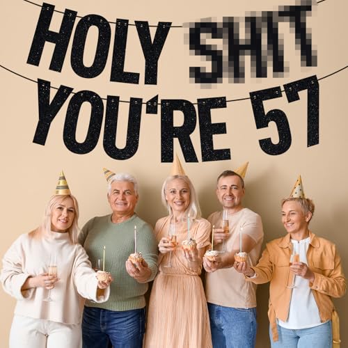 Image of Black Glitter Holy Shit You're 57 Banner, Happy 57th Birthday /Cheers to 57 Years, Funny 57 Years Old Birthday Party Decorations Supplies