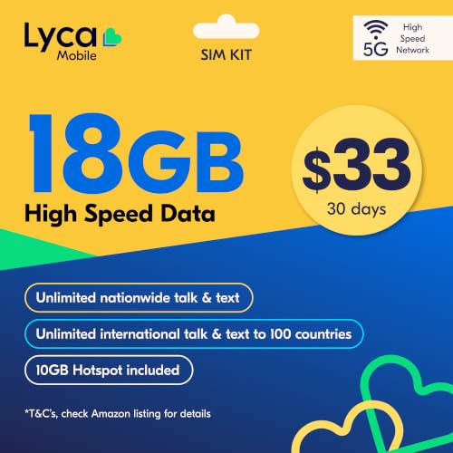 Image of Lyca Mobile USA Prepaid 5G /4G SIM Card | $33 Plan | Unlimited Talk, Text & Data | 18GB High Speed Data (10GB Hotspot) | 30 Days