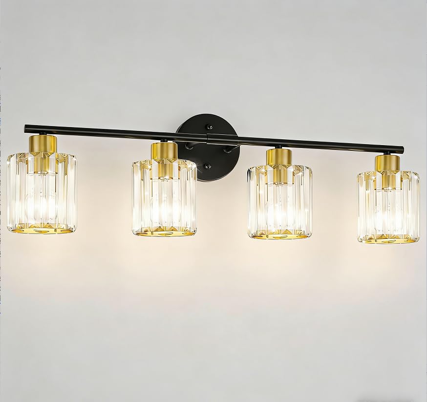 Image of Modern Black Gold Crystal Bathroom Light Fixtures,4-Light | Bathroom Lighting Fixtures over Mirror,Vanity Lights for Mirror, Restroom(Ceramic E26 Socket,Bulbs Not Include)