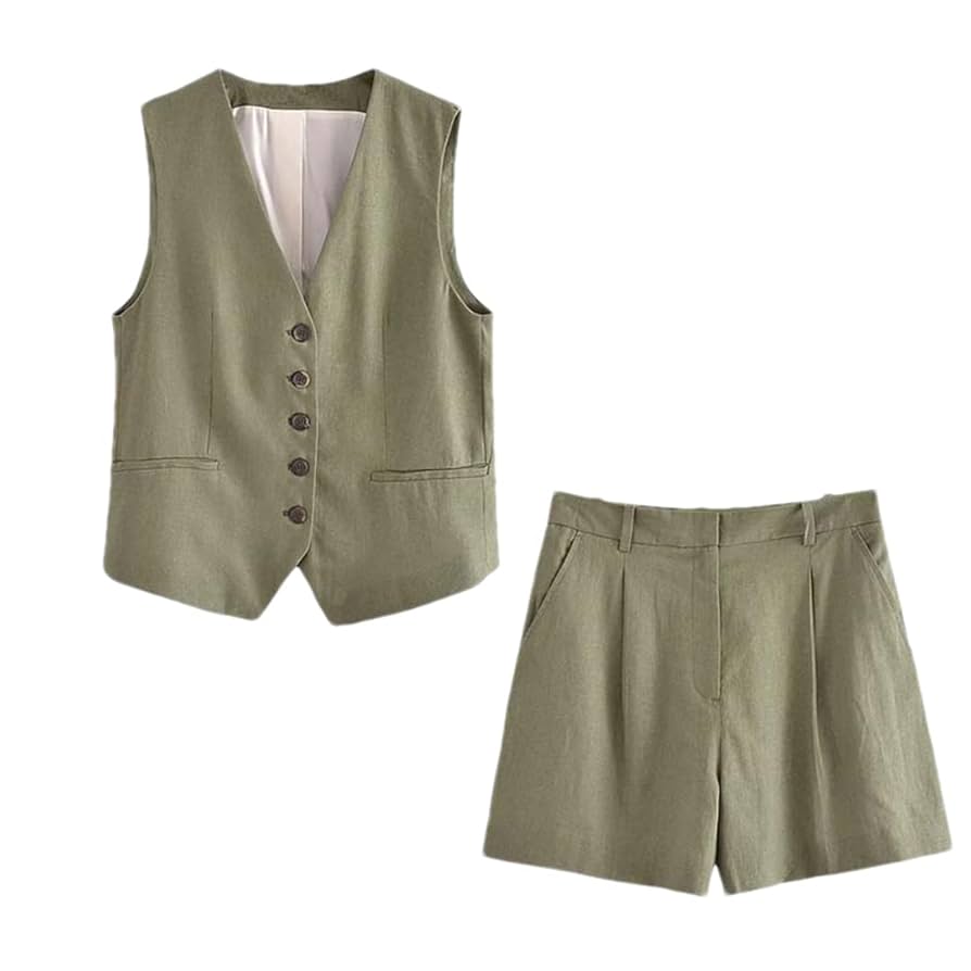 2 Pieces Sets Women Linen-Blend Slim-Fit Sleeveless Suit