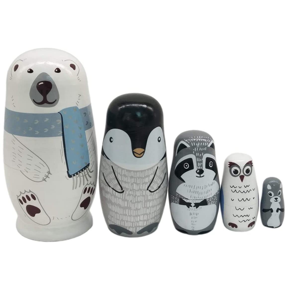 Matrioska, Wooden Russian Nesting Dolls, 5Pcs / Set Cute Matryoshka Polar Bear Penguin Owl Dolls, Educational Learning Kids Toys for Birthday, Christmas, Home Decorations, Matryoshka Doll