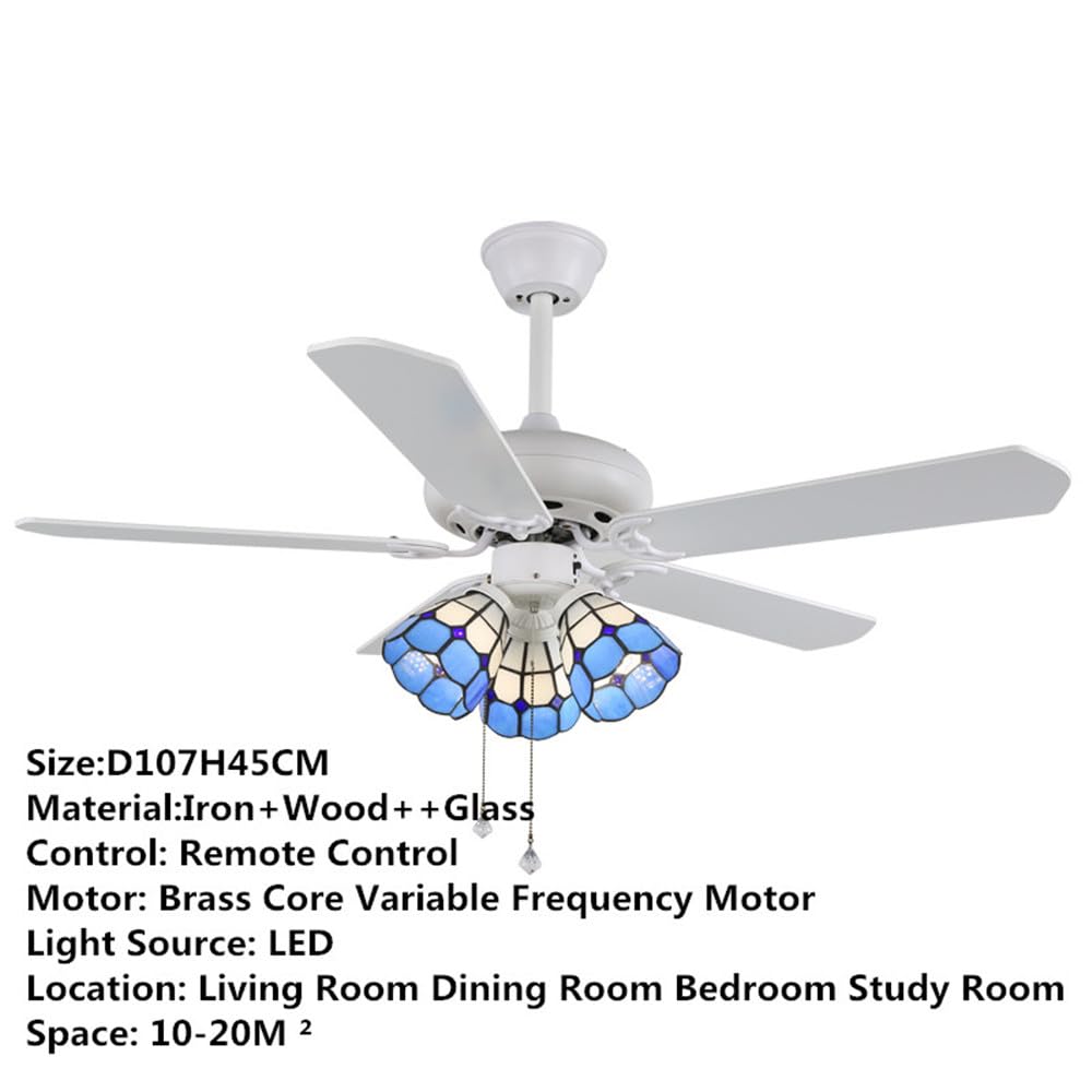 Ventilador de Techo Retro Tiffany de Lujo Europeo con luz, 132 cm x 132 cm x 45 cm, LED Blanco cálido, 1500 lúmenes, Control Remoto, Sala de Estar, Estilo 31