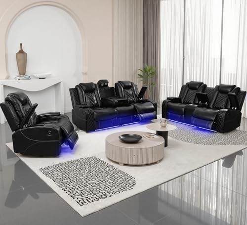 Plithzy Power Recliner Sofa Set with LED, Breathing Leather Sofa Set for Living Room, Living Room Set Reclining Couch Loveseat Chair with USB Port/Cup Holders/Storage (Black)
