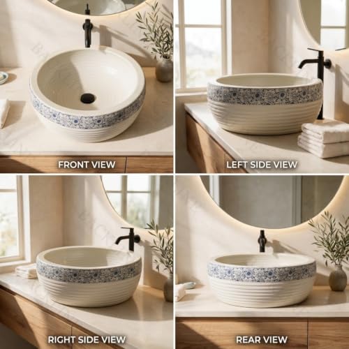 Image of Backline Moroccan Table Top Wash Basin For Bathroom | Matt Basin | Countertop Basin For Home /Office /Hotels 41 X 41 X 14 Cm(White Blue Matt)(5 Years Warranty)