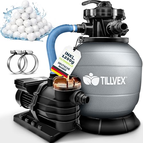 tillvex® Sandfilteranlage Pool 13.200L/h bis 40.000L + 1200g Filterbälle | Filteranlage 7-Wege Ventil & 2in1 Adapter Ø32-38mm | Poolfilter Selbstansaugend | Sandfilter Schwimmbecken (Grau)