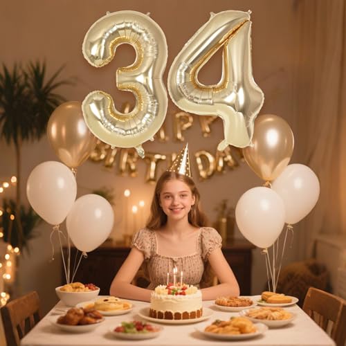 Image of Champagne Large Number 34 Balloon, 40 Inch Light Gold Foil Helium Number Balloons, Giant Mylar Number 34 Balloons for 34 Years Old Birthday Party Anniversary Decorations (Champagne Gold 34)