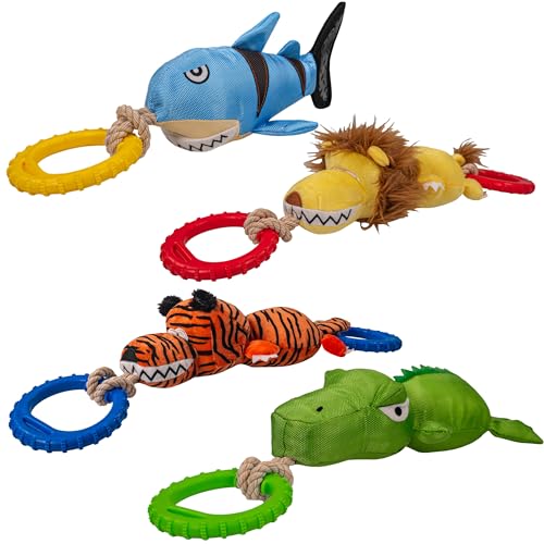 KaMel GmbH Hundespielzeug quietschend | Aktiv-Spielzeug für den Hund aus Polyester mit TPR-Ring & Quietscher (4er Set)