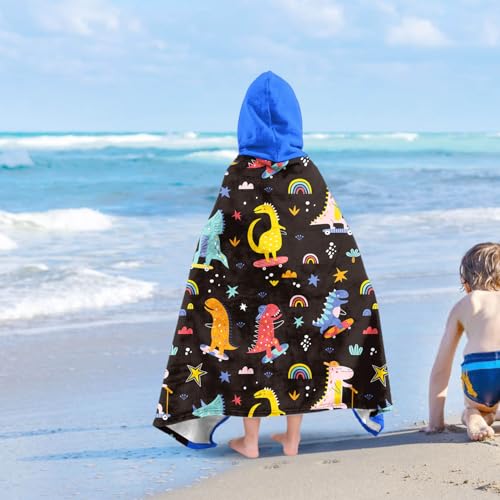 Image of Dinosaur Boys Beach Towel with Hoodie for Kids Toddlers Age 4-8,Dino Blue Bath Towels Shower Wrap for Boys, Hooded Poncho Beach Blanket for Pool Swimming Cute Wearable Bath Towel for Child