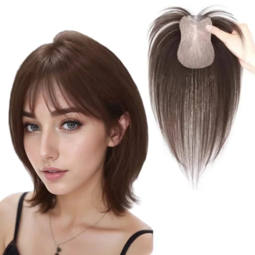 Hook and Loop Fastener Human Hair Bangs No Clips Magic Paste Toppers For Women Female Upgrade Sewing Strap Increase Volume of Fluffy Hair Patches (Moka Brown Air Bangs 6x8cm)