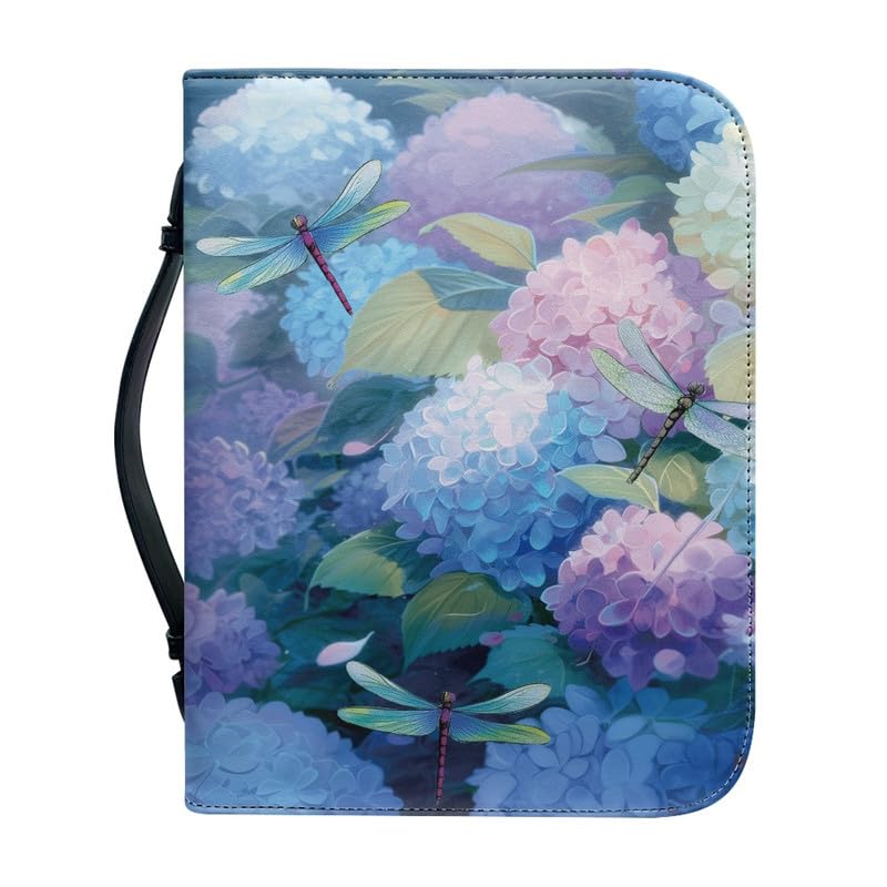 Kuiaobaty Hydrangea Flowers Book Cover Handle Leather Books Bag, Watercolor Dragonfly Flower Carrying Book Case for Standard Size Bible,2XL — image 1