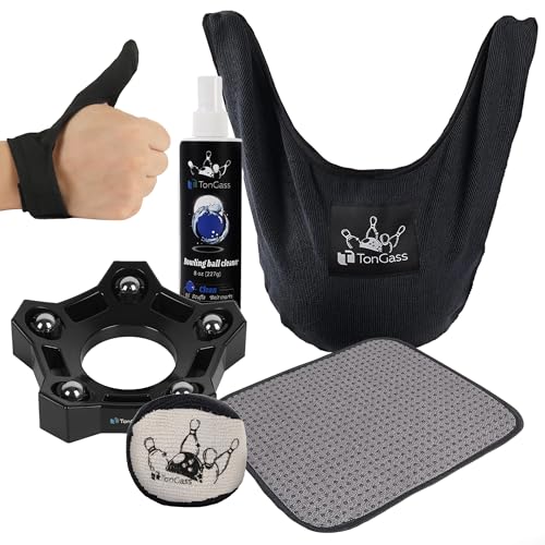 TonGass Bowling Basics Accessories Set, Microfiber Bowling Ball Seesaw Towel, Bowlings Cleaner Spray and Thumb Saver Protector (Right) Kit, Microfiber Ultra Dry Grip Balls, Bowlings Rotating Ball Cup