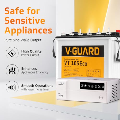 Image of V-Guard Inverter & Battery Combo (1150 Pure Sine Wave 1000VA /12V Inverter, VT 165 ECO 152 Ah Tall Tubular Battery) for Home, Office & Shops