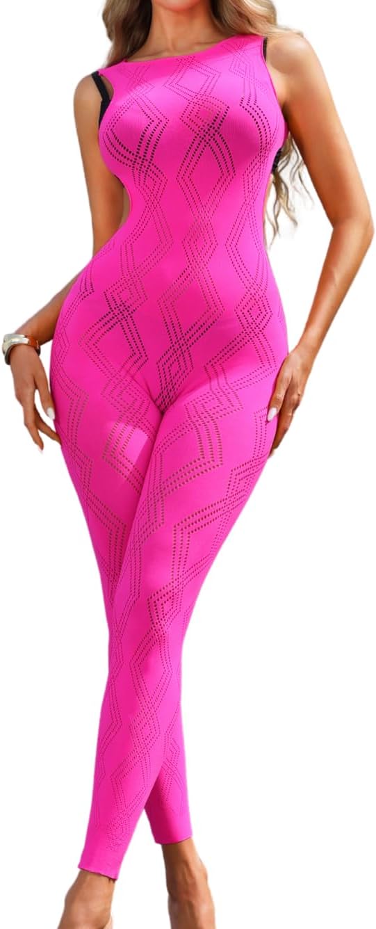 EHSUYAB Women Sexy Jumpsuits Sleevless Backless One Piece Rave Club Outfits | Thick Fishnet Bodysuit, Boat Neck Bodycon Romper, Diamond Hollow Out Lace Catsuit, Going Out Glow Party Music Festival