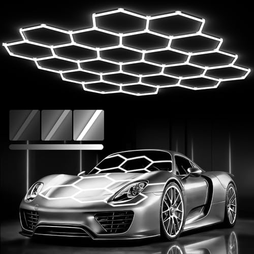 Glitgate Hexagon Garage Lights 22 Grids: 3 Level Dimmable 581W 63910LM Led Hexagonal Shop Light 6500K Daylight White Hex Honeycomb Ceiling Lighting System Super Bright for Gym Basement Workshop