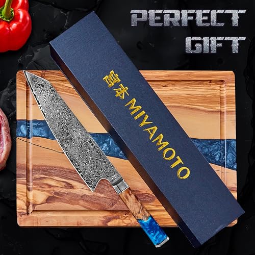 Miyamoto Japanese Chef Knife 8 Inch Steel 67 Layers Damascus Kitchen Knife, Ultra Sharp, Long Lasting Blade, High Carbon Super Steel, Carving Knife Blue Resin - Image 6