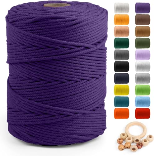 Image of ZUEXT Macrame Cord, Dark Violet, 5mm x 328yds Cotton String Macrame Yarn | Natural Handmade, 4 Strands Twisted Cotton Rope, for Craft Wall Hanging Weaving Tapestry Dream Catchers Hanger DIY Gift, 300m