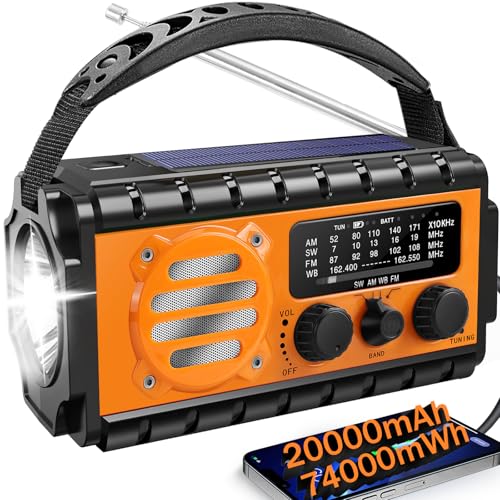 74000mWh Emergency Radio with NOAA Weather, Portable Hand Crank SW/AM/FM Survival Radio with Fast Charge Rechargeable Solar Battery, Flashlight, Reading Lamp,SOS Sirenor Home Outdoor