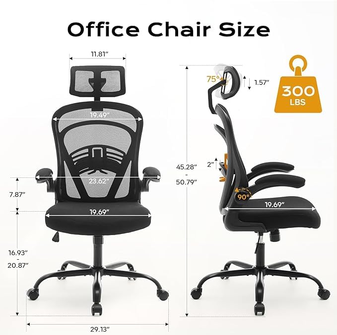 Chaise de bureau haute en maille noire avec accoudoirs relevables confort - 3