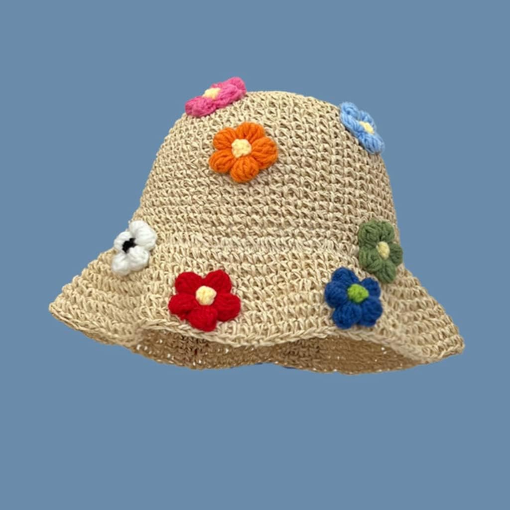 Handmade Beach Hat Crocheted Sunshade Bucket Hat for Women Dress-up Party Flower Bucket Hat for Camping