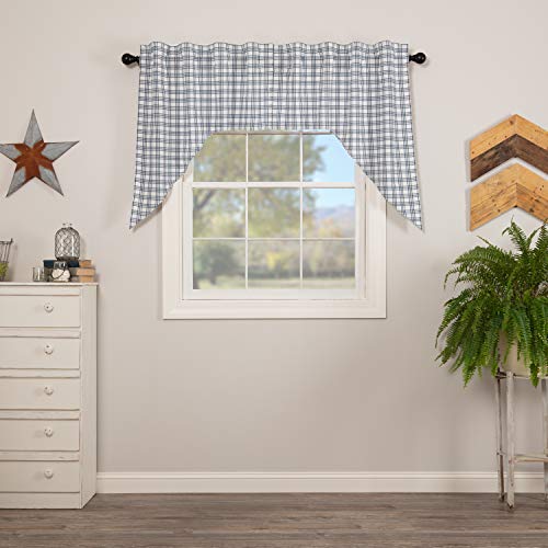 VHC Brands Sawyer Mill Plaid Cotton Farmhouse Kitchen Curtains Rod Pocket Hanging Loops 36 Inches Long Swag Pair Blue