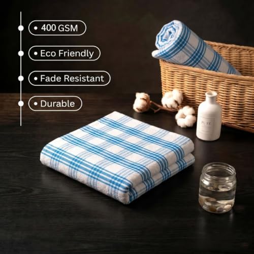 Image of Athom Living Premium Hand Towels- Cotton, 400 GSM, Ultra Soft, Quick Dry, Highly Absorbent | for Hand, Kitchen and Gym | 60 * 40 cm, Pack of 4 (Blue Strips)