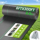 6FT x 300FT Weed Barrier Fabric, 3.2oz Landscape Fabric, Premium Weed Barrier Fabric Heavy Duty with 20 U-Shaped Securing Pegs for Greenhouse Floors, Flower Bed, French Drain, Construction Project