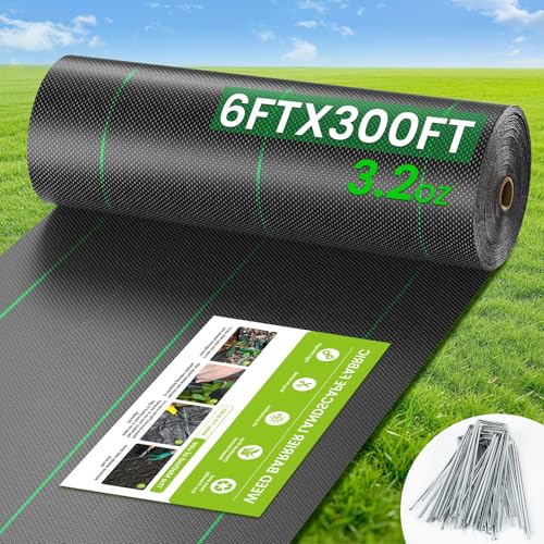 6FT x 300FT Weed Barrier Fabric 3.2oz Landscape Fabric Premium Weed Barrier Fabric Heavy Duty with 20 U-Shaped Securing Pegs for Greenhouse Floors Flower Bed French Drain Construction Project